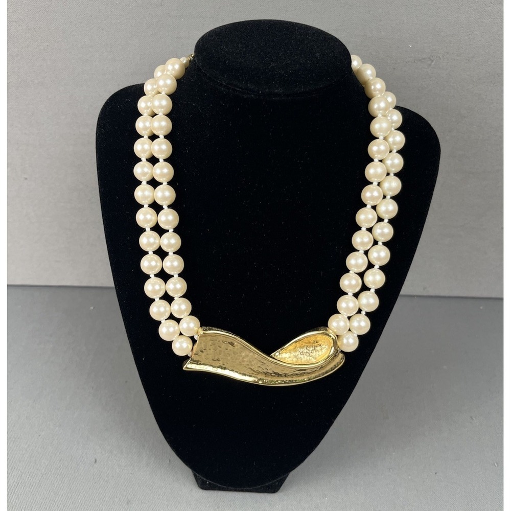 Vintage 70's Givenchy Double Strand Faux‎ Pearl Necklace Gold-tone Ribbon Signed